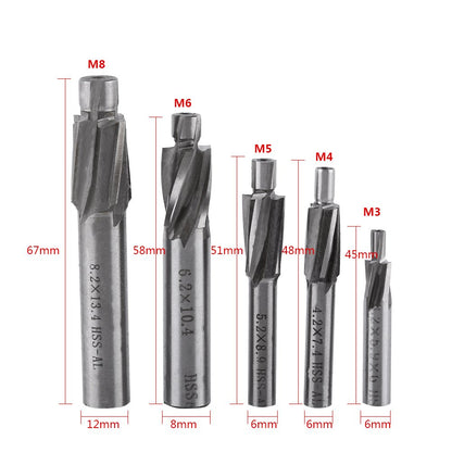 Hilitand 5pcs Counterbore Drill Bits Set, 4 Flutes Straight End Mill Cutter HSS Countersink Slot End Mill Cutter M3-M8 for Copper Aluminum Cast Iron, Milling Cutter