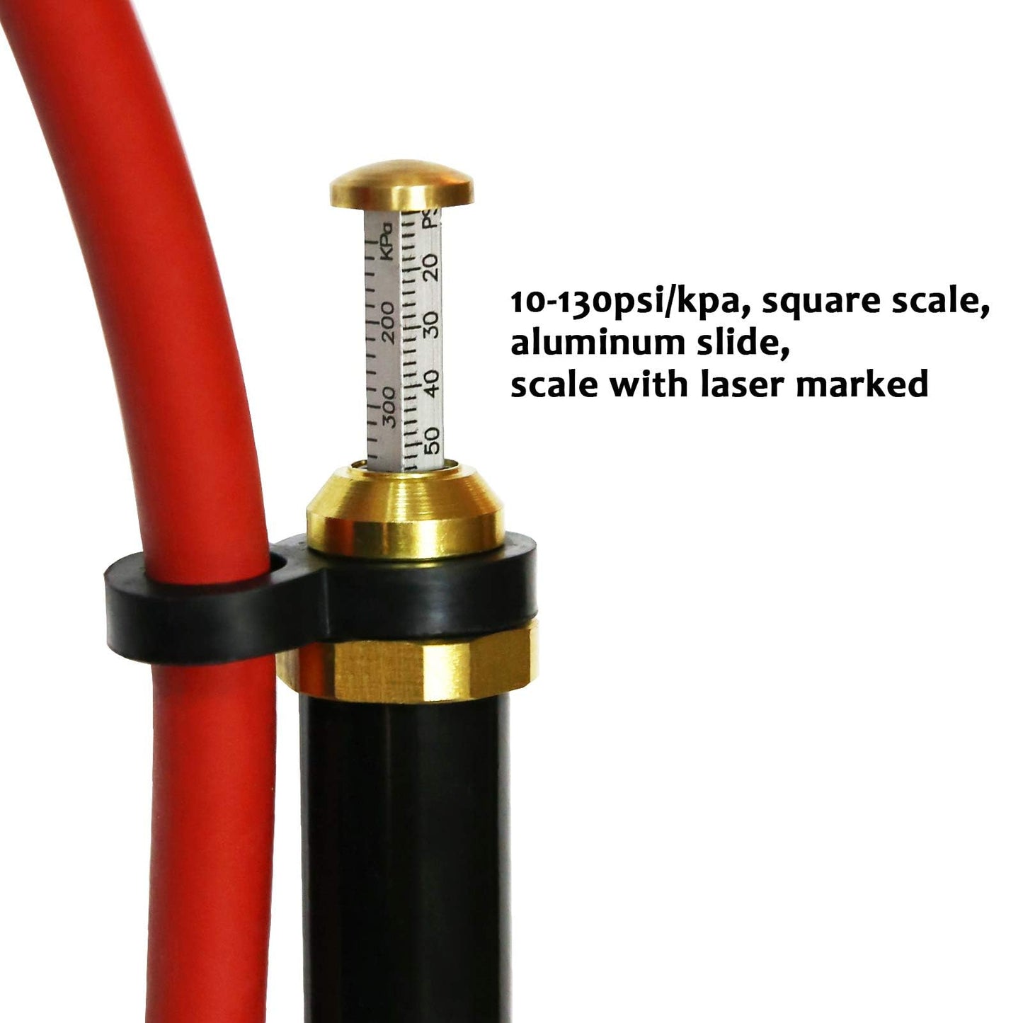 MEASUREMAN Heavy Duty Tire Inflator, Aluminum Body, 20" Red Hose, Clip On Air Chuck, Aluminum Slide, Range 10-130psi/kpa