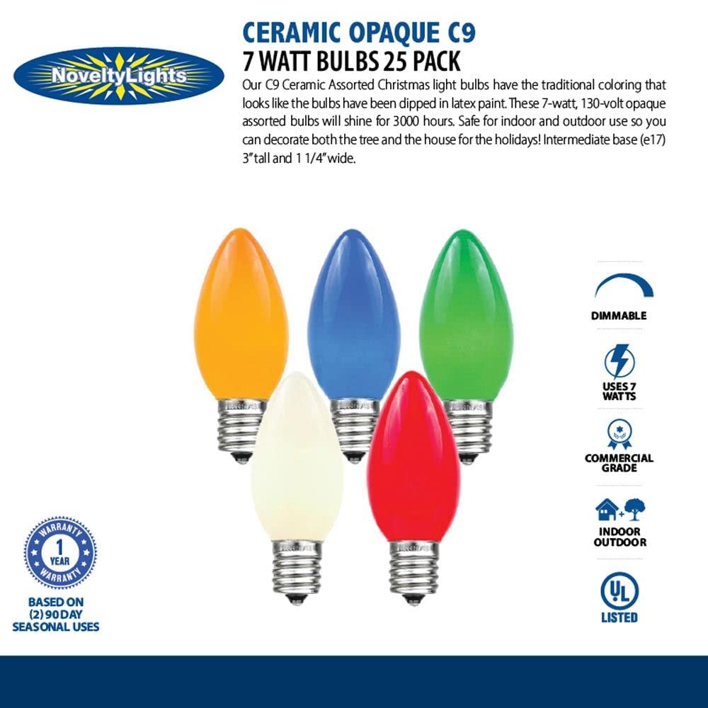 Novelty Lights 25 Pack C9 Ceramic Outdoor String Light Christmas Replacement Bulbs, Multi, E17/C9 Base, 7 Watt