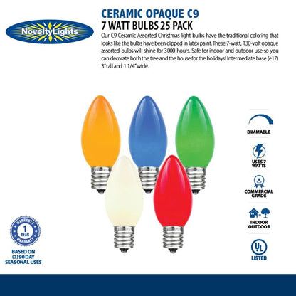 Novelty Lights 25 Pack C9 Ceramic Outdoor String Light Christmas Replacement Bulbs, Multi, E17/C9 Base, 7 Watt