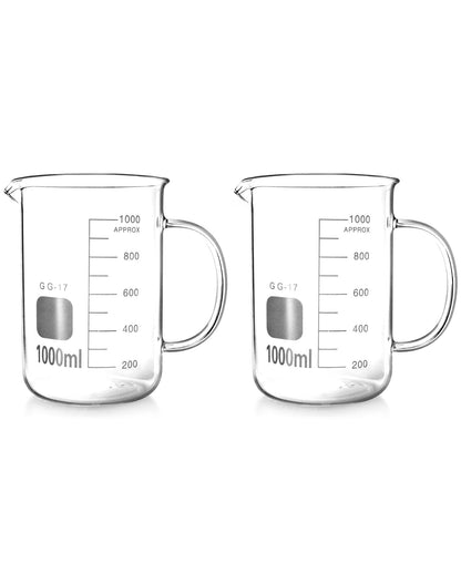 QWORK 1000ml Beaker Mug with Handle, Borosilicate Glass Measuring Cup, 2 Pack