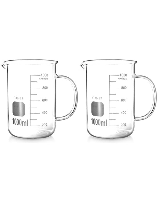 QWORK 1000ml Beaker Mug with Handle, Borosilicate Glass Measuring Cup, 2 Pack
