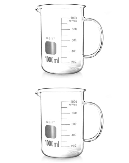 QWORK 1000ml Beaker Mug with Handle, Borosilicate Glass Measuring Cup, 2 Pack