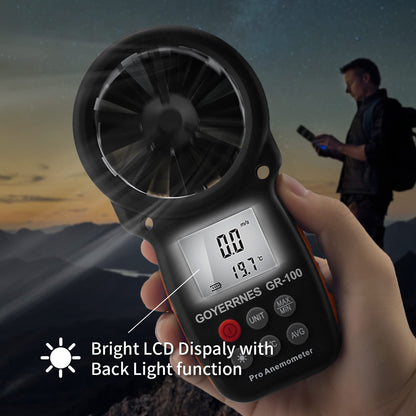 GOYERRNES Handheld Anemometer, Digital Wind Speed CFM Meter Gauge, Air Flow Velocity Tester for HVAC Shooting Drone, Wind Chill, Wind Temperature GR-100