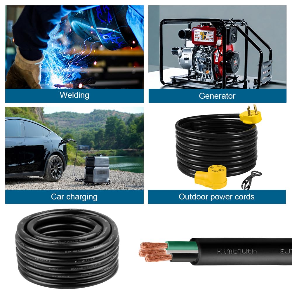 Kimbluth 14 Gauge 3 Conductor Wire SJTW Outdoor Extension Power Cable 10FT, 14/3 Wire Heavy Duty Pure Copper Electrical Wire for Lawn, Battery, Automotive, Outdoors