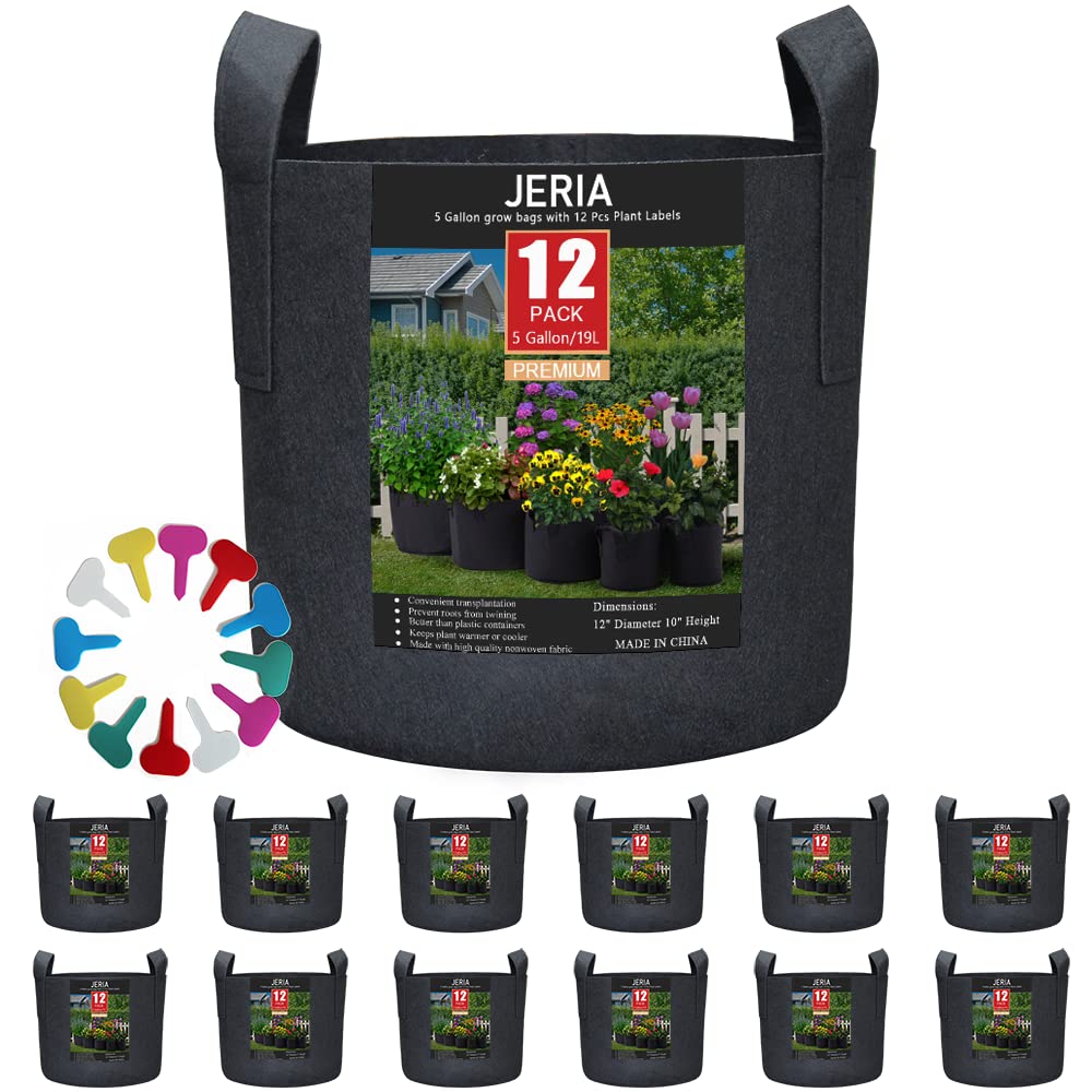 JERIA 12-Pack 5 Gallon, Vegetable/Flower/Plant Grow Bags, Aeration Fabric Pots with Handles (Black)