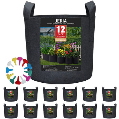 JERIA 12-Pack 5 Gallon, Vegetable/Flower/Plant Grow Bags, Aeration Fabric Pots with Handles (Black)