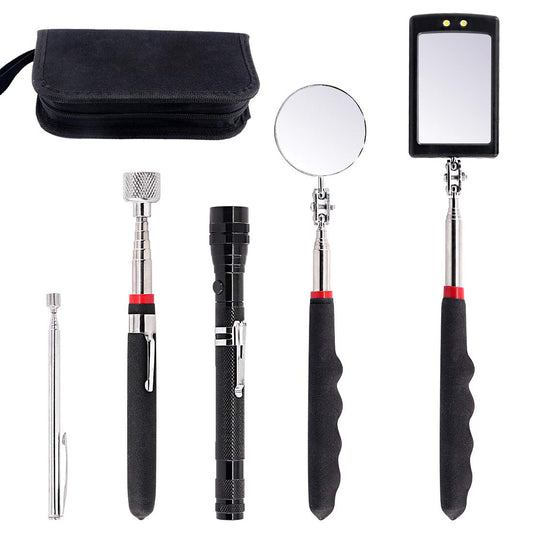 Swpeet 5Pcs Magnetic Telescoping Pick-up Tool Kit with Carry Case, 360 Swivel Adjustable Inspection Mirror, 15lb and 1lb Pick Up Rod and Telescoping Flexible LED Flashlight (Batteries Included)