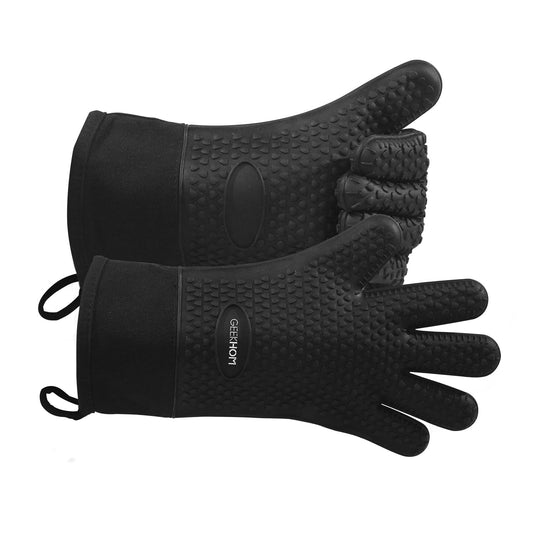 GEEKHOM Silicone Oven Mitts Heat Resistant Gloves with Cotton Lining for Kitchen Cooking, Baking & BBQ Accessories, Dishwasher Safe Non-Slip Grip (Black)