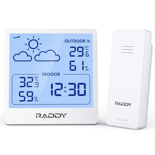 Raddy WF-50T Indoor Outdoor Thermometer Hygrometer Wireless Weather Station, Battery Powered Temperature & Humidity Monitor with 5.0’’ TN Display, Weather Forecast, Wireless Remote Sensor (White)