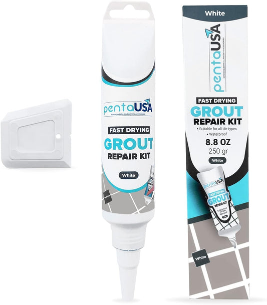 PentaUSA Grout - Fast Drying Grout Repair Kit, Restore and Renew Joint Lines in Bathroom and Kitchen - Scraper Included (250g - White)