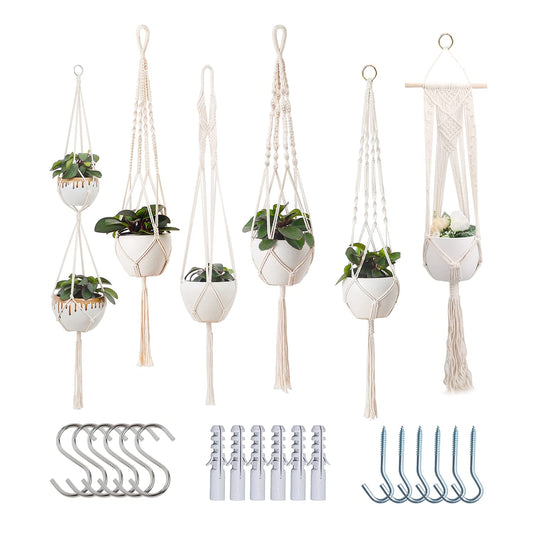 Feedee Macrame Plant Hangers Indoor - Hanging Planters for Indoor Plants, Handmade Hanging Plant Holder - Hanging Planter Indoor for Bedroom Boho & Home Decor (Ivory, Pack of 6)