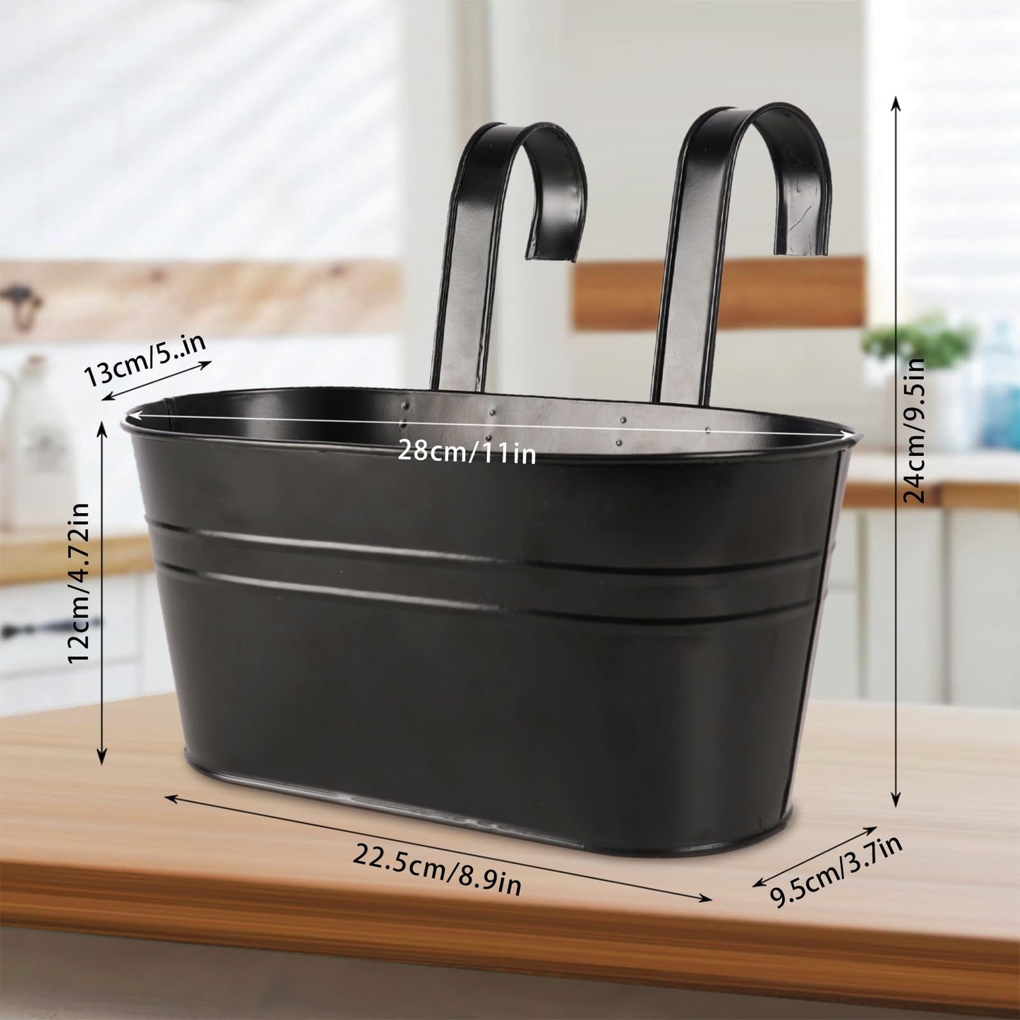 4 Pack Metal Iron Hanging Flower Pots 11 Inch Railing Fence Hanging Bucket Pots with Detachable Hooks Countryside Style Window Railing Planter Box for Garden Balcony Outdoor Decors(Black)