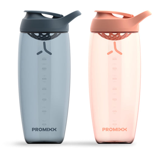 Promixx PURSUIT Protein Shaker Bottle – Premium Sports Shaker Bottles for Protein Mixes and Supplement Shakes – Easy Clean, Durable, Protein Shaker Cup 2-Pack, Midnight Blue+Coral