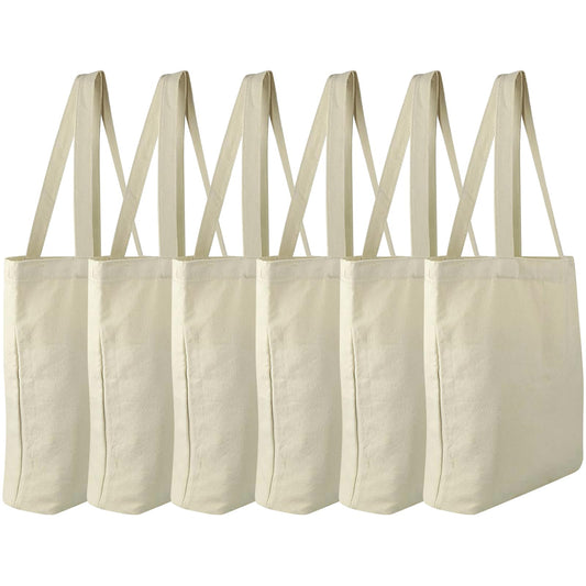 Faylapa 6 Pack Canvas Tote Bags, Heavy Duty and Strong Shopping Grocery Bag 13.6"x 15.3" Blank Cotton Bags for Decorating Christmas Crafts DIY, Painting (Beige)