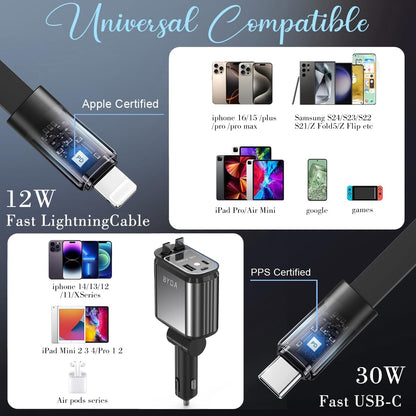 4 in 1 Retractable Car Charger with Starry Light,69W USB-C Fast Car Charger, for iPhone 17/16/15/14/13/12/11, Android,Pixel,Cigarette Lighter Charger (Grey, Light-ning+USB-C (Starry))
