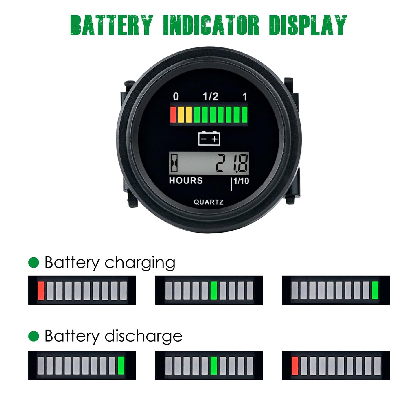 Yooreal 12/24V 36/48V 72V Golf Cart Battery Meter,Hour Meter&Battery Indicator Gauge Meter Lead-Acid Battery,Charging Reminder,Easy Installation for Golf Cart Club Car RV Forklift Tractor ETC