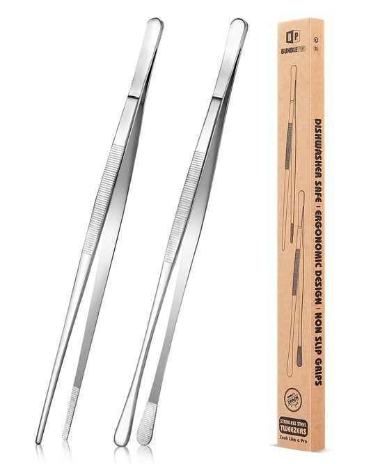 2 Pcs 12-Inch Kitchen Tweezers Fine Tweezer Tongs, Stainless Steel Professional Long Cooking Tweezers for BBQ, Sea Food, Repairing and Serving (Silver)