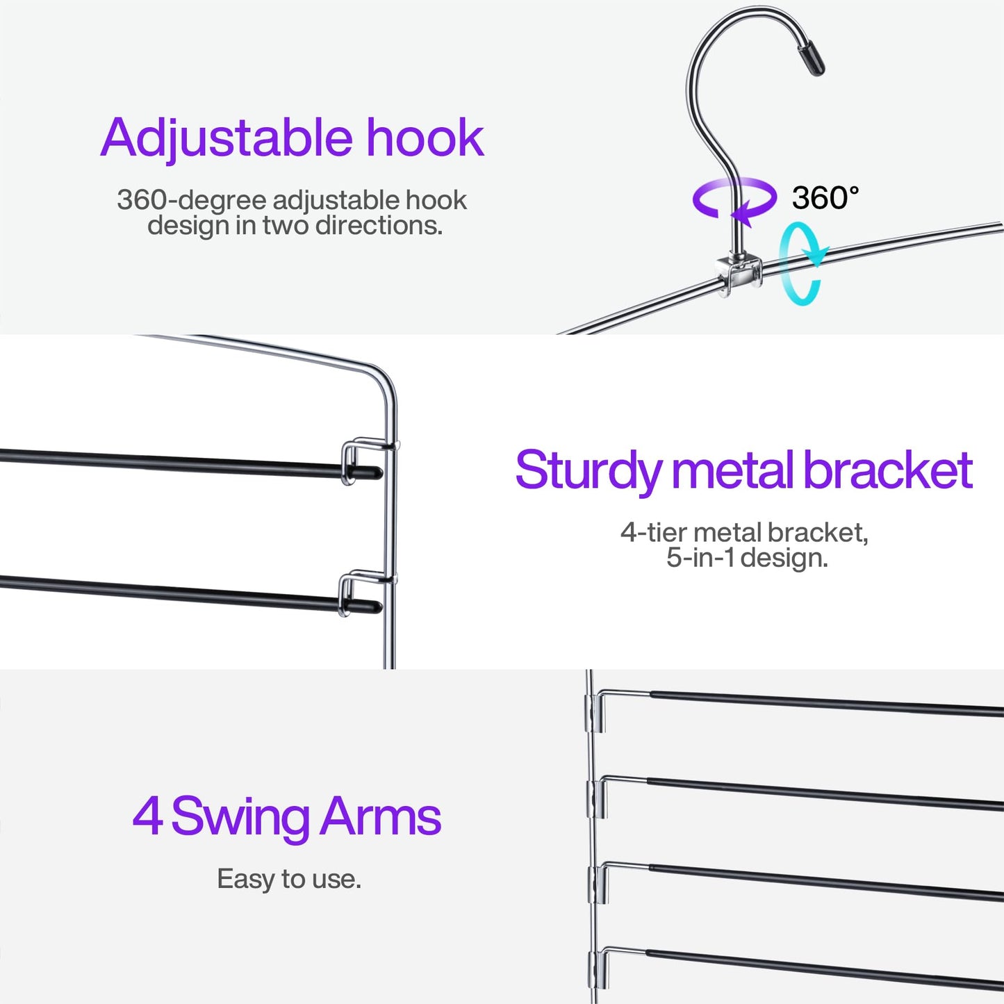 3 Pack Pants Hangers Space Saving Non Slip Multiple Pants Hanger for Women with Swing Arm Closet Storage Organizer for Pants Jeans Trouser Leggings Scarf Tie