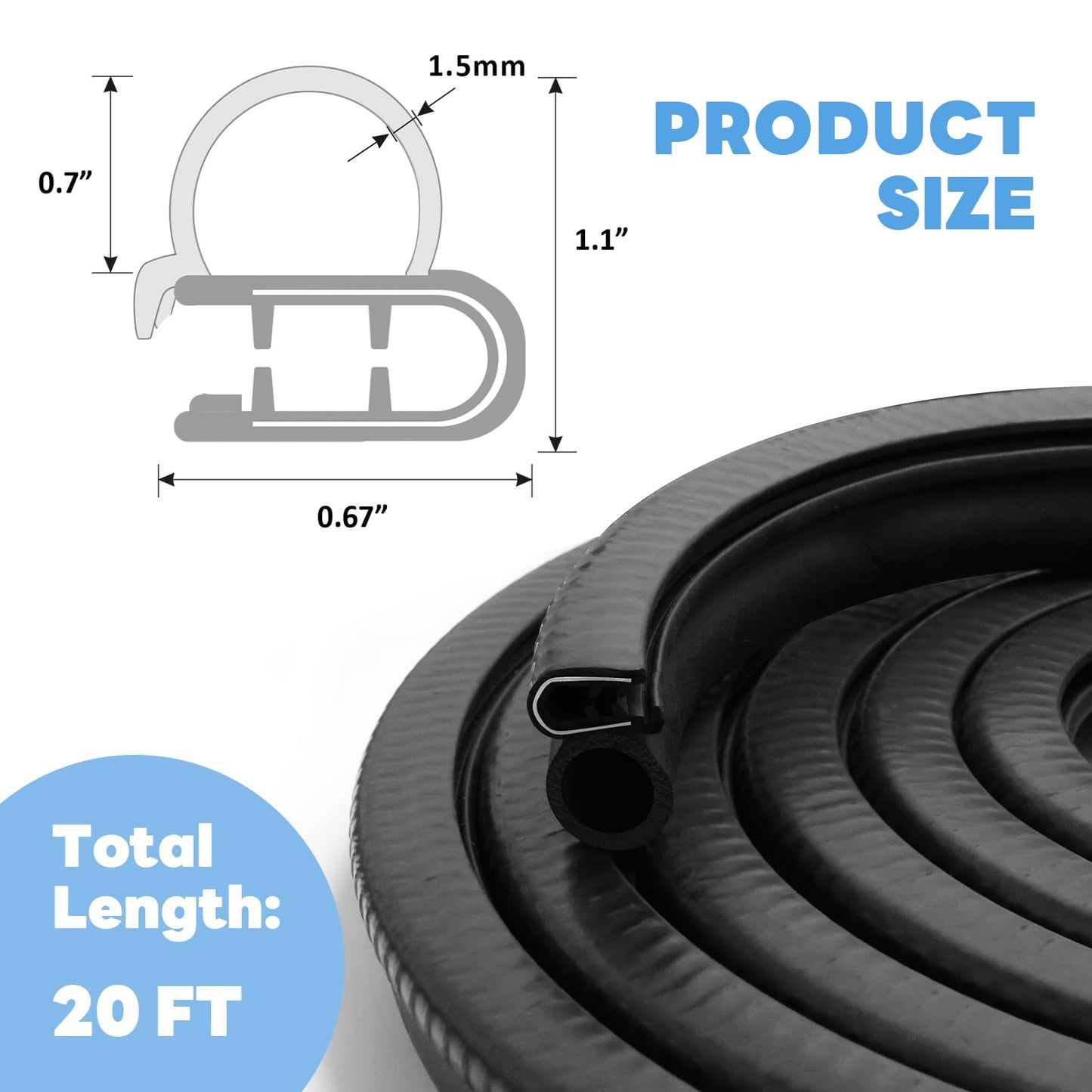 Storystore Automotive Door Weather Stripping 20FT Car Door Rubber Seal Strip with Side Bulb for Cars, Boats, RVs, Trucks, and Home Applications, Car Rubber Edge Trim (6m)