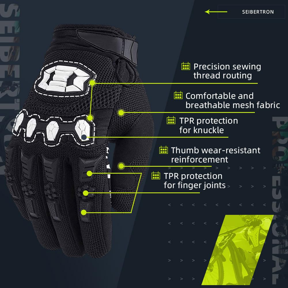 Seibertron Unisex BMX MX ATV MTB Racing Mountain Bike Bicycle Cycling Off-Road/Dirt Bike Gloves Road Racing Motorcycle Motocross Sports Gloves Touch Recognition Full Finger Glove Black L