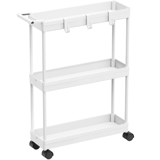 Simple Houseware 3-Tier Slim Rolling Cart with Handle and Hooks for Narrow Storage Places in Bathroom, Laundry and Kitchen, White