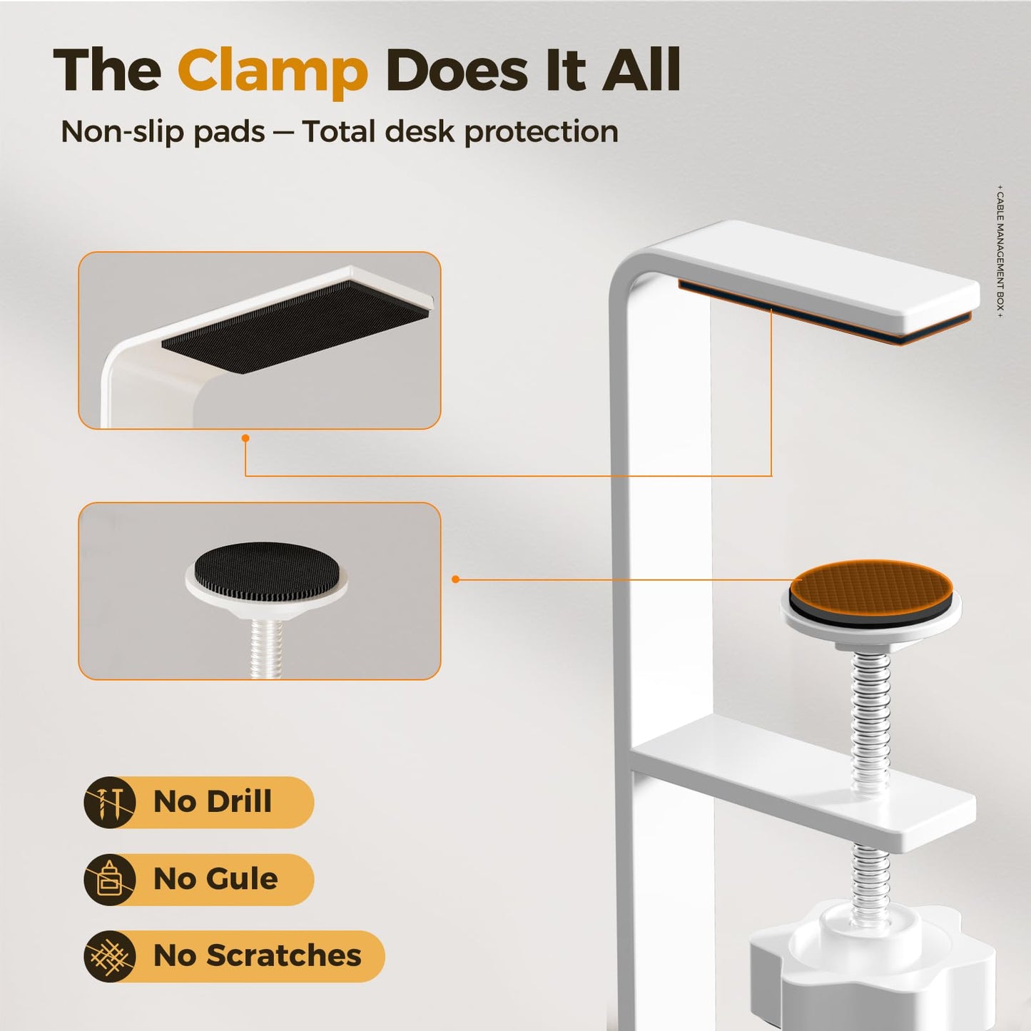 Under Desk Cable Management Tray White, Cinati Cable Management Under Desk No Drill, Cable Tray with Clamp for Desk Wire Management,Desk Cable Management Box for Office, Home - No Damage to Desk