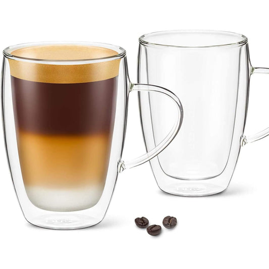DLux Espresso Coffee Cups 350ml, 12oz Latte Clear Glass Set of 2 Cups with Handles, Double Wall Insulated Borosilicate Glassware Cup - Wine, Tea Glasses