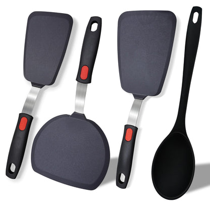 4-Pack Silicone Spatula and Spoon Set, 600°F (315°C) Heat Resistant Kitchen Utensils for Non-Stick Cookware, 3 Flexible Turners & 1 Solid Spoon, Ergonomic Non-Slip Grip, BPA Free, Black