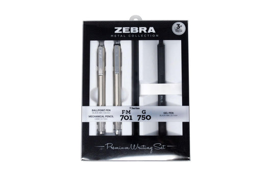 Zebra Pen Premium Writing Gift Set 3-Pack, Black Ink, Medium/Fine Point, Includes G-750 Gel Pen, F-701 Ballpoint Pen, and M-701 Mechanical Pencil, Metal Barrels, Refillable (10513)