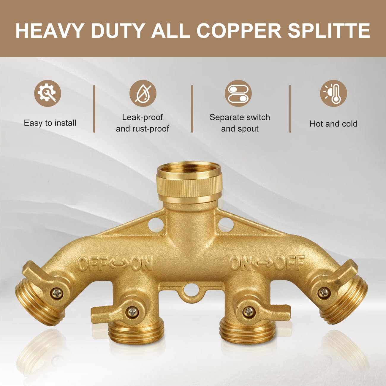 4 Way Garden Hose Splitter, Heavy Duty Hose Connector 3/4", Solid Brass Hose Spigot Adapter 4 Valves with 8 Extra Rubber Gaskets and 1 Seal Tape
