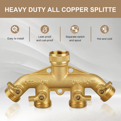 4 Way Garden Hose Splitter, Heavy Duty Hose Connector 3/4", Solid Brass Hose Spigot Adapter 4 Valves with 8 Extra Rubber Gaskets and 1 Seal Tape