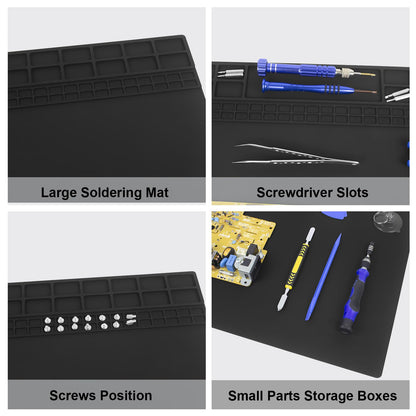 60x35cm Heat Resistant Large Silicone Soldering Mat with Grounding Accessories and Anti Static Wrist Strap, Repair ESD Safe Work Mat for Soldering, Computer, Cellphone Workbench Protection Etc (Black)