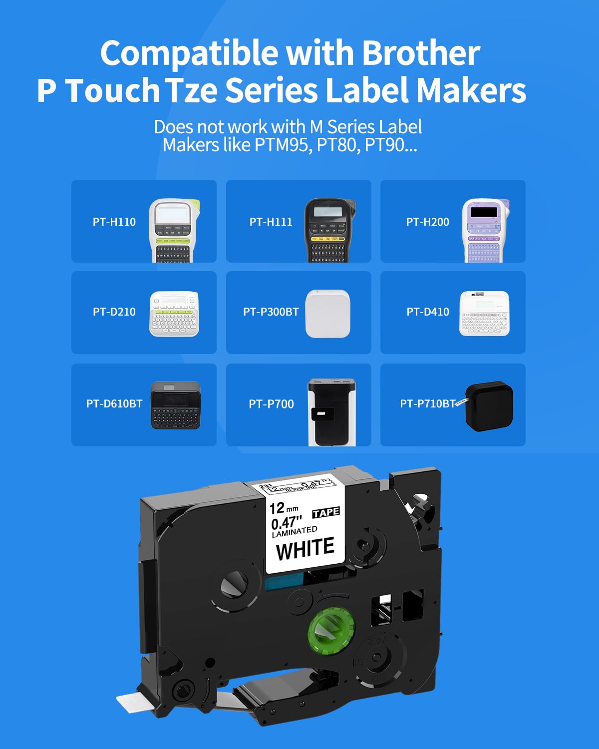 5PK Tze-231 PTH110 D210 Label Maker Tape 12mm Compatible with Brother P Touch Label Tape 12mm Tze231, Compatible for Brother P-Touch PT-D200 D220 D400AD H110 H200BP D600 1230, Tze Tz 12 mm 0.47 White