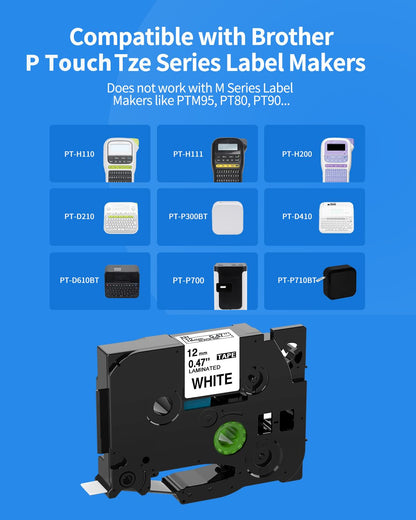 5PK Tze-231 PTH110 D210 Label Maker Tape 12mm Compatible with Brother P Touch Label Tape 12mm Tze231, Compatible for Brother P-Touch PT-D200 D220 D400AD H110 H200BP D600 1230, Tze Tz 12 mm 0.47 White