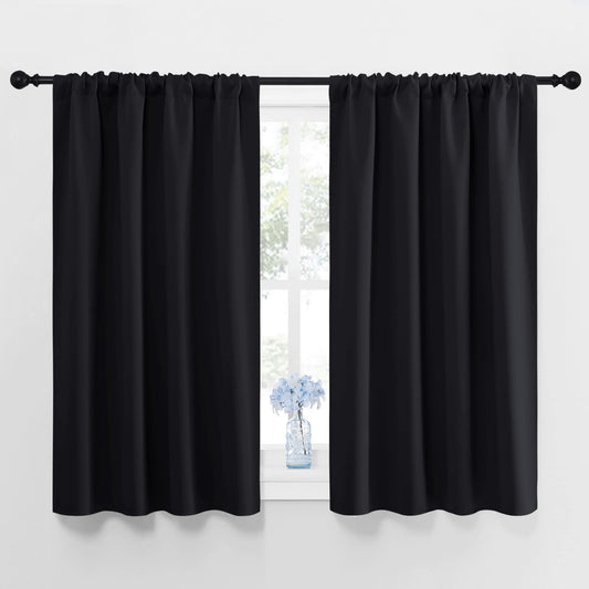 NICETOWN Black Blackout Kitchen Curtains 45 Inches Long 2 Panels for Small Window Covering, Thermal Insulating Room Darkening Light Out Curtain Drapes for Living Room/Bedroom (Black, 42 W × 45 L)