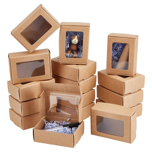 BENECREAT 30 Pack 3.3x2.3x1inch Rectangle Brown Kraft Paper Boxes with Clear Window for Wedding Party Favor Treats, Bakery, Thanksgiving, Christmas Gift Packaging