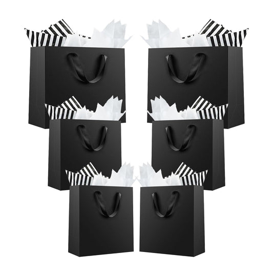 Offizon 12 Pcs Black Gift Bags, Gift Bags with Tissue Paper (4 Small 6", 4 Medium 8.7", 4 Large 12.6"), Paper Bags with Handles for Birthdays and Holidays