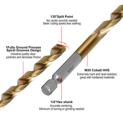 SALI Cobalt Drill Bit Set 10 Pack 1/4 Inch High Speed Steel Jobber Drill Bits with 1/4" Hex Shank for Quick Chucks Twist Drill Bits for Hardwood, Aluminum, Metal, Copper, Alloyed Steel