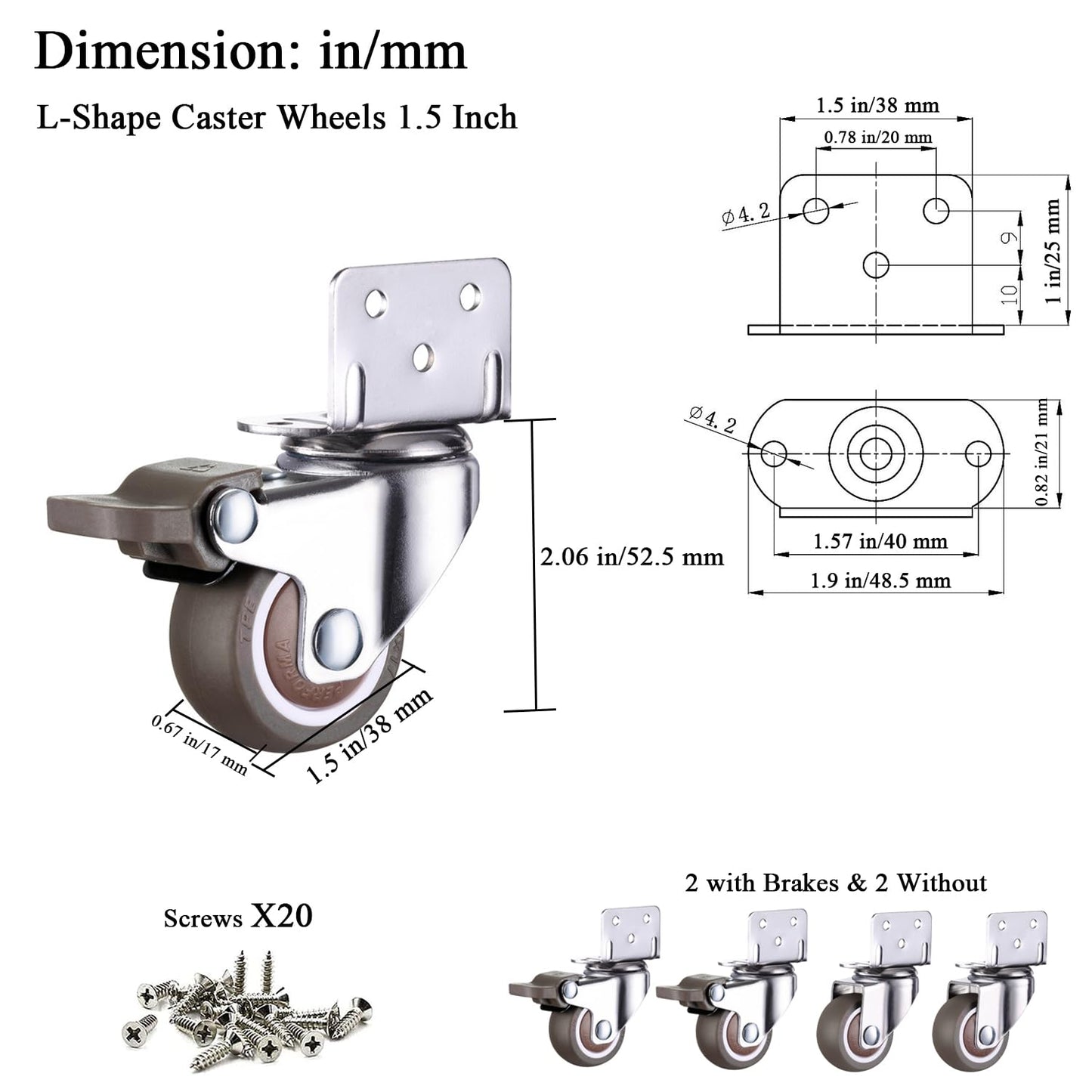 Luxinika L-Shaped Caster Wheels 1.5 Inch, Small Side Mount Casters Set of 4 Heavy Duty 176 Lbs with Brakes, Silent TPE Rubber Swivel Plate Caster Wheels for Furniture, Rolling Cabinets, Tables