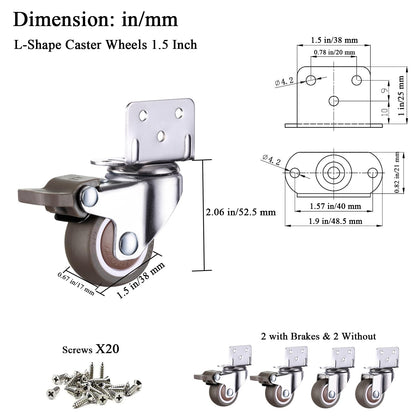 Luxinika L-Shaped Caster Wheels 1.5 Inch, Small Side Mount Casters Set of 4 Heavy Duty 176 Lbs with Brakes, Silent TPE Rubber Swivel Plate Caster Wheels for Furniture, Rolling Cabinets, Tables