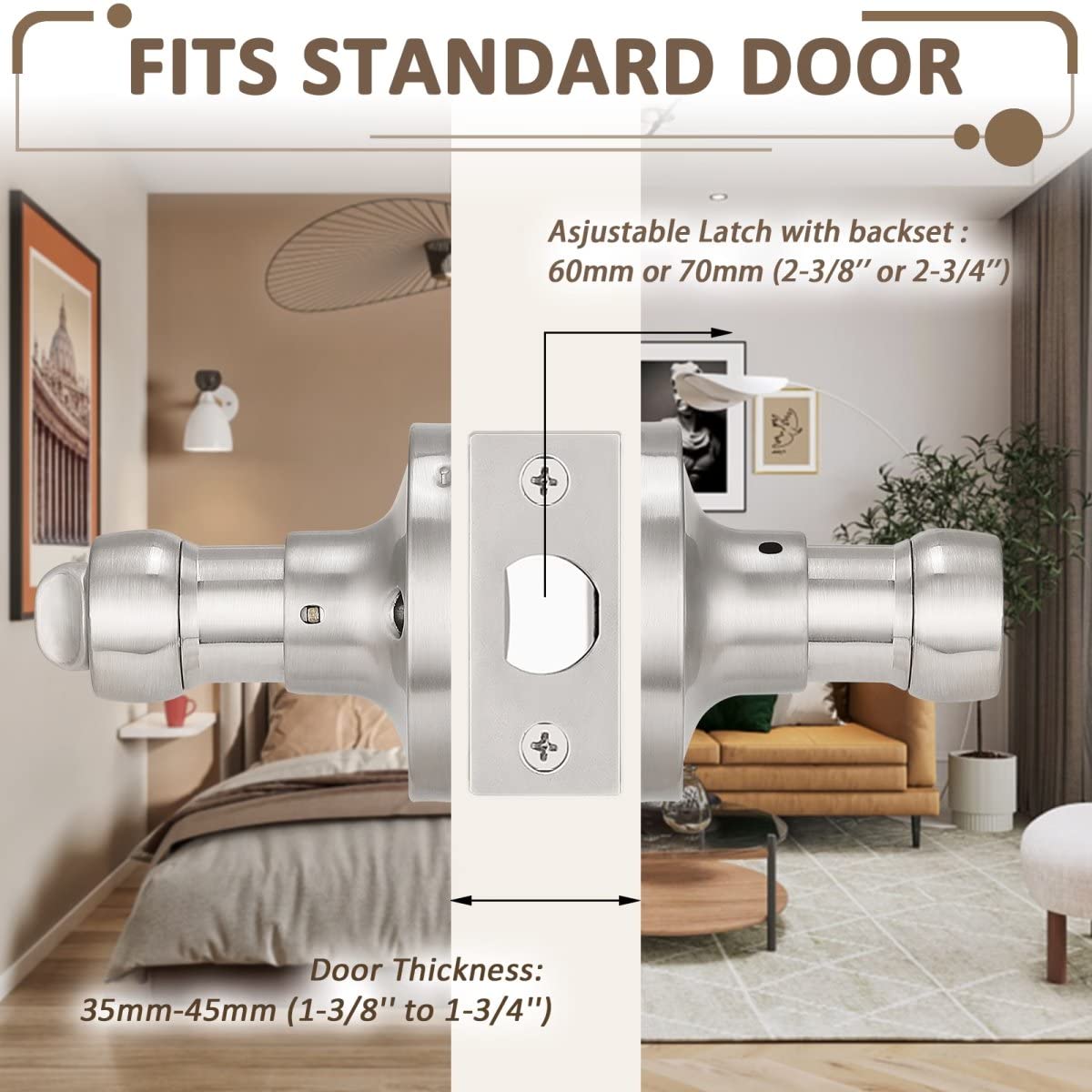 Probrico (1 Pack)Privacy Door Lever[Thumb Turn Lock on The Inside],Locking Door Handle Set for Bedroom & Bathroom Doors,Keyless Satin Nickel Finish Wave Door Lock, Reversible Right & Left Side Handed