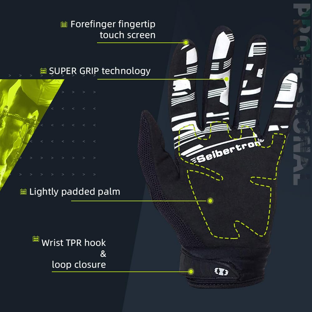 Seibertron Unisex BMX MX ATV MTB Racing Mountain Bike Bicycle Cycling Off-Road/Dirt Bike Gloves Road Racing Motorcycle Motocross Sports Gloves Touch Recognition Full Finger Glove Black L