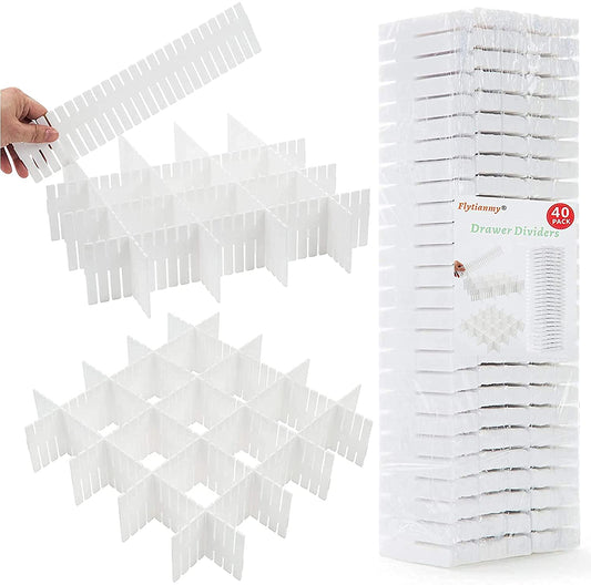 Flytianmy 40Pcs Drawer Dividers, Adjustable Drawer Organizer for Socks, Underwear, Makeup, Kitchen, Bedroom, Dresser White