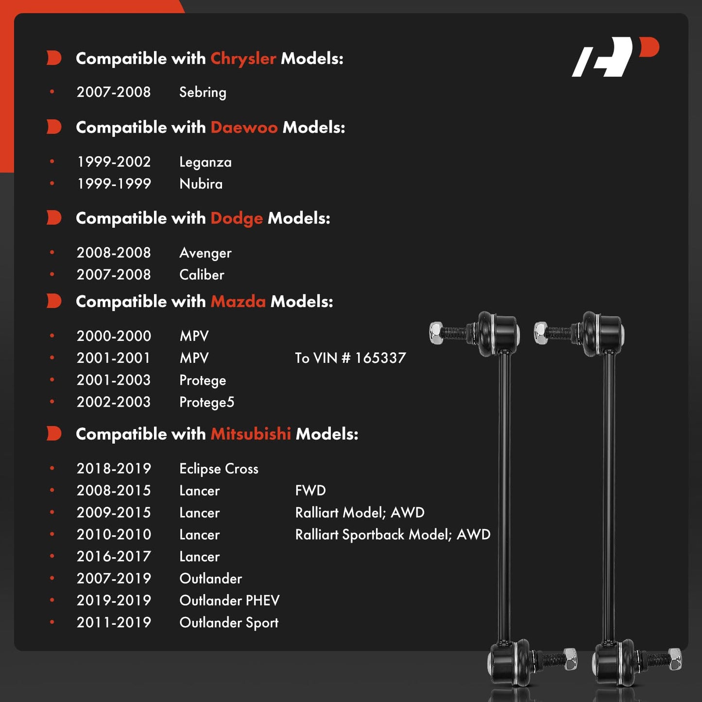 A-Premium 2 x Front Sway Bar Links Stabilizer Bar Links, Compatible with Mitsubishi Outlander (PHEV & Sport), Lancer, Eclipse Cross, Dodge Avenger, Caliber, Chrysler Sebring, Mazda MPV, Protege (5)