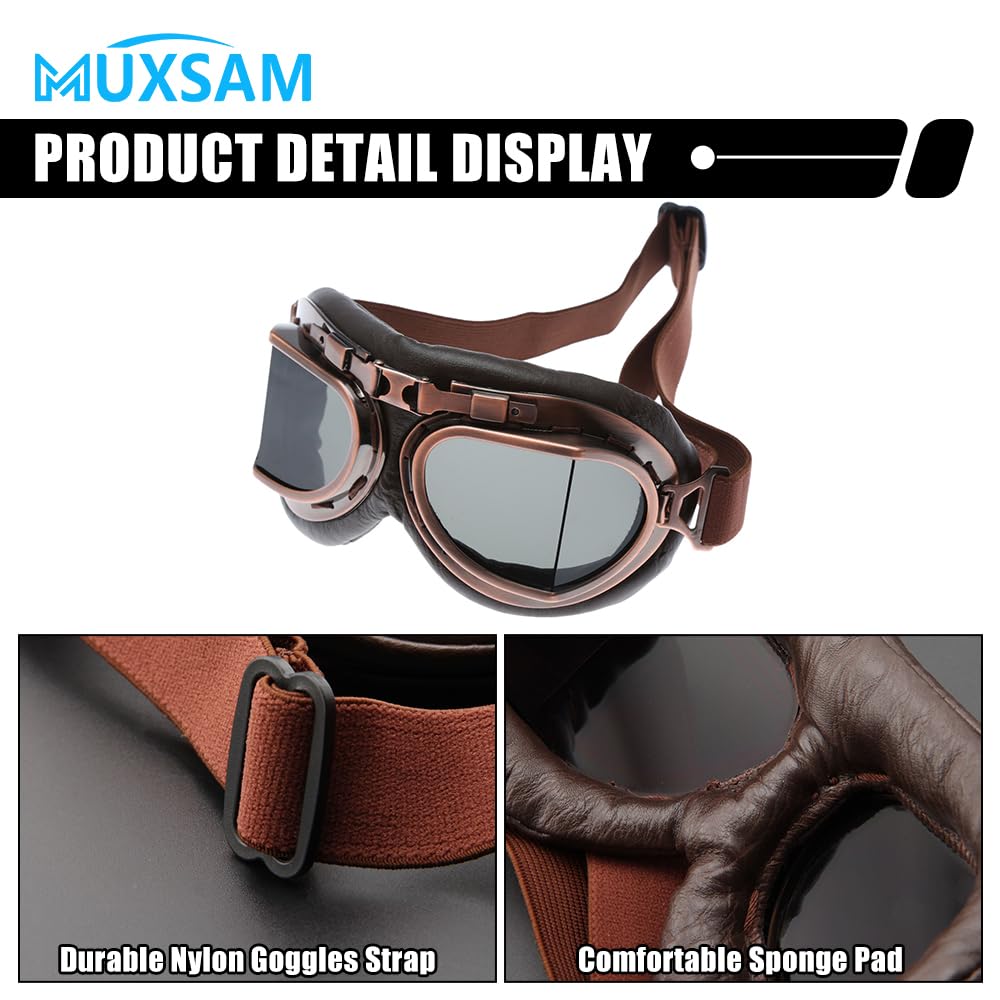 MUXSAM Vintage Motorcycle Goggles, ATV Motocross Goggles, Dirt Bike Racing Riding Off Road Scooter Glasses, Windproof Dustproof Eyewear for Adults Men Women, Copper Frame Smoke Lens