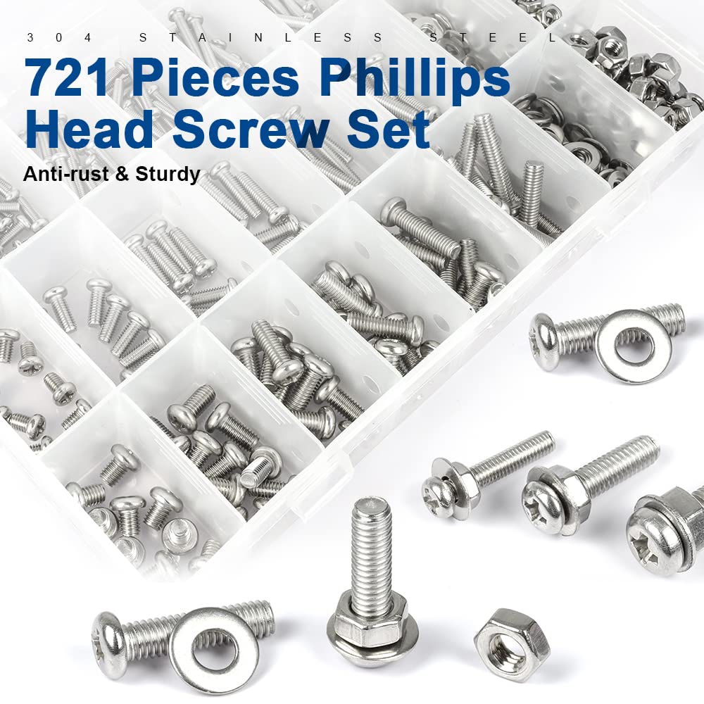 NINDEJIN 304 Stainless Steel Phillips Pan Head Machine Screws Assortment Kit - 721pcs, M3 M4 M5 Machine Screw Assorted Cross Round Head Screw Bolts Nuts Flat Washers Set - 18 Size