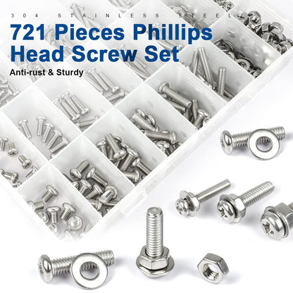 NINDEJIN 304 Stainless Steel Phillips Pan Head Machine Screws Assortment Kit - 721pcs, M3 M4 M5 Machine Screw Assorted Cross Round Head Screw Bolts Nuts Flat Washers Set - 18 Size