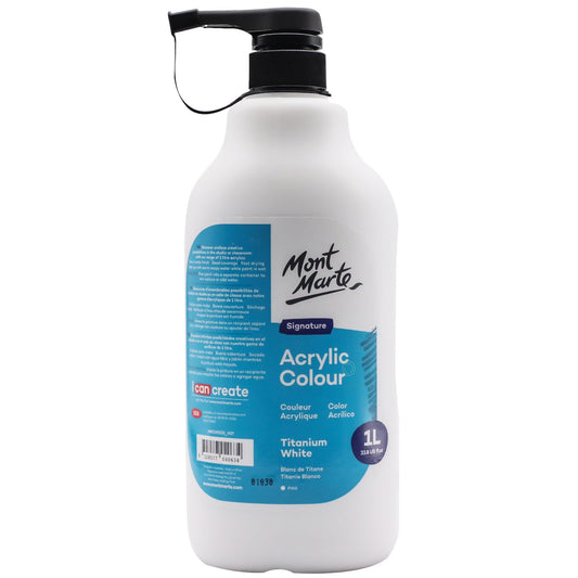 Mont Marte Signature Titanium White Acrylic Paint, 33.8oz (1L), Semi-Matte Finish, Suitable for Canvas, Wood, Fabric, Leather, Cardboard, Paper, MDF and Crafts. Pump Lid Included.