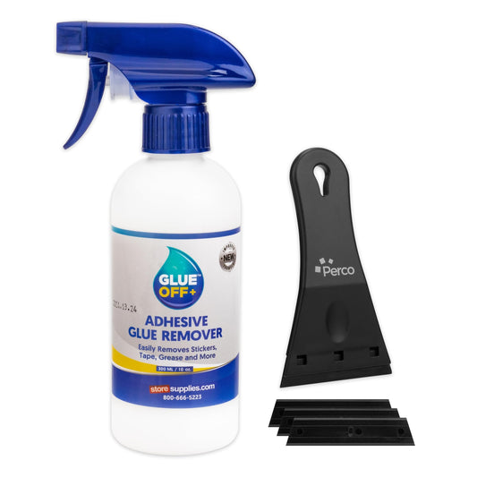 Perco Glue Off Adhesive Remover – 295 mL / 10 fl. oz with Scraper & Plastic Razor | Glue Remover Spray Effortlessly Erase Adhesive Hassles & Car Stickers – for Label Sticker Residue